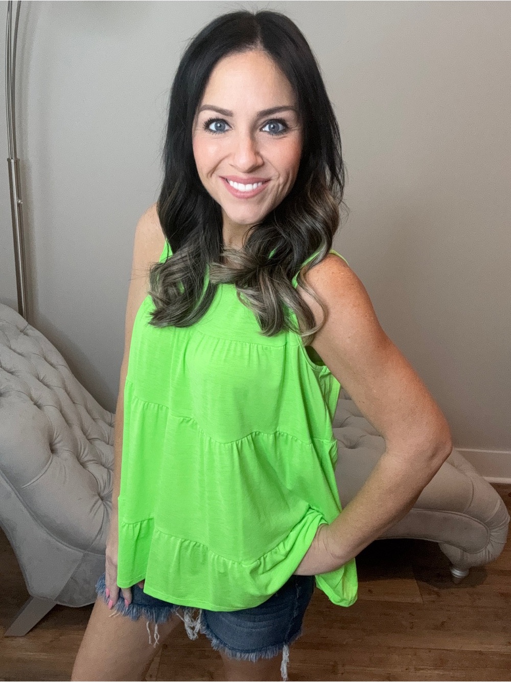 S-XXXL HEIMISH USA Neon Lime Tiered Sleeveless Tank - Picture 2 of 6